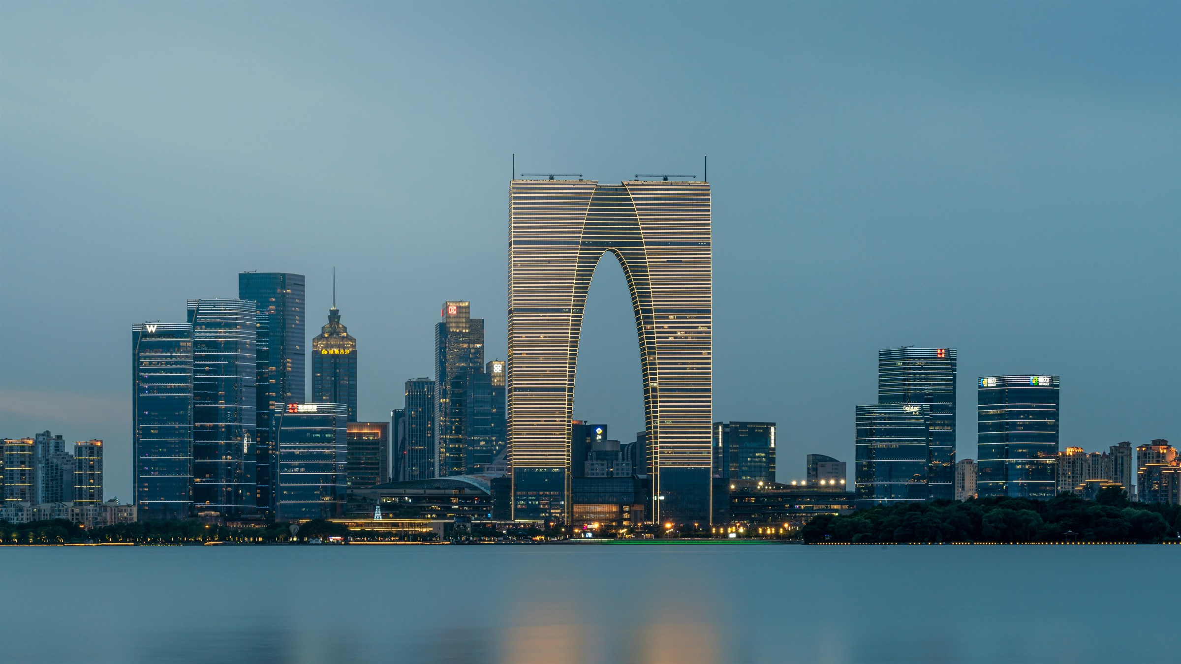 Evening Suzhou Industrial Park skyline centered on the Gate of the Orient